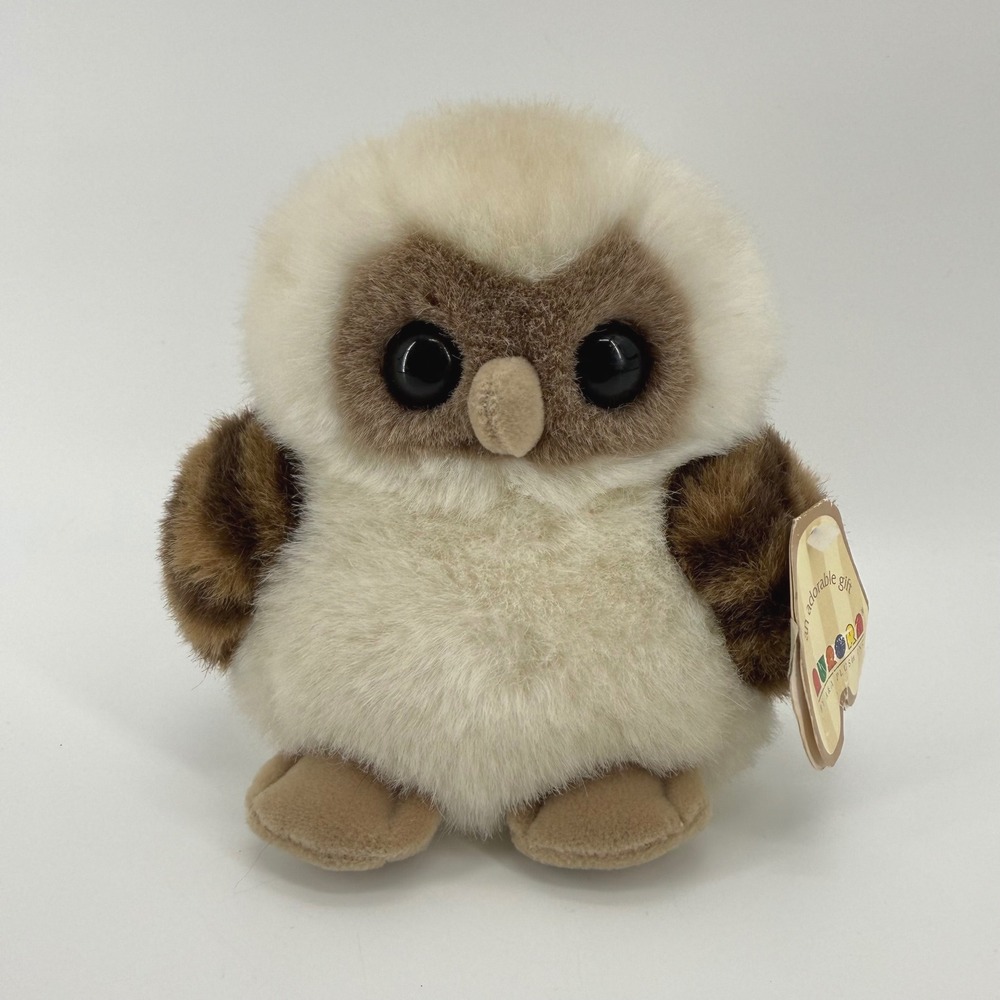 Vintage 1980s Aurora Baby Owl Plush Stuffed Animal Cream Brown 6 Inch Color Tag